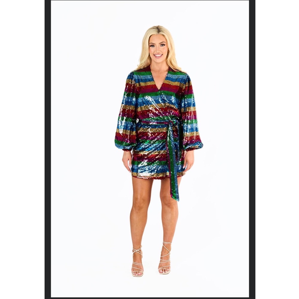 BuddyLove Rainbow Sequin Wrap Mini Dress Long Balloon Sleeve Striped Party Dress